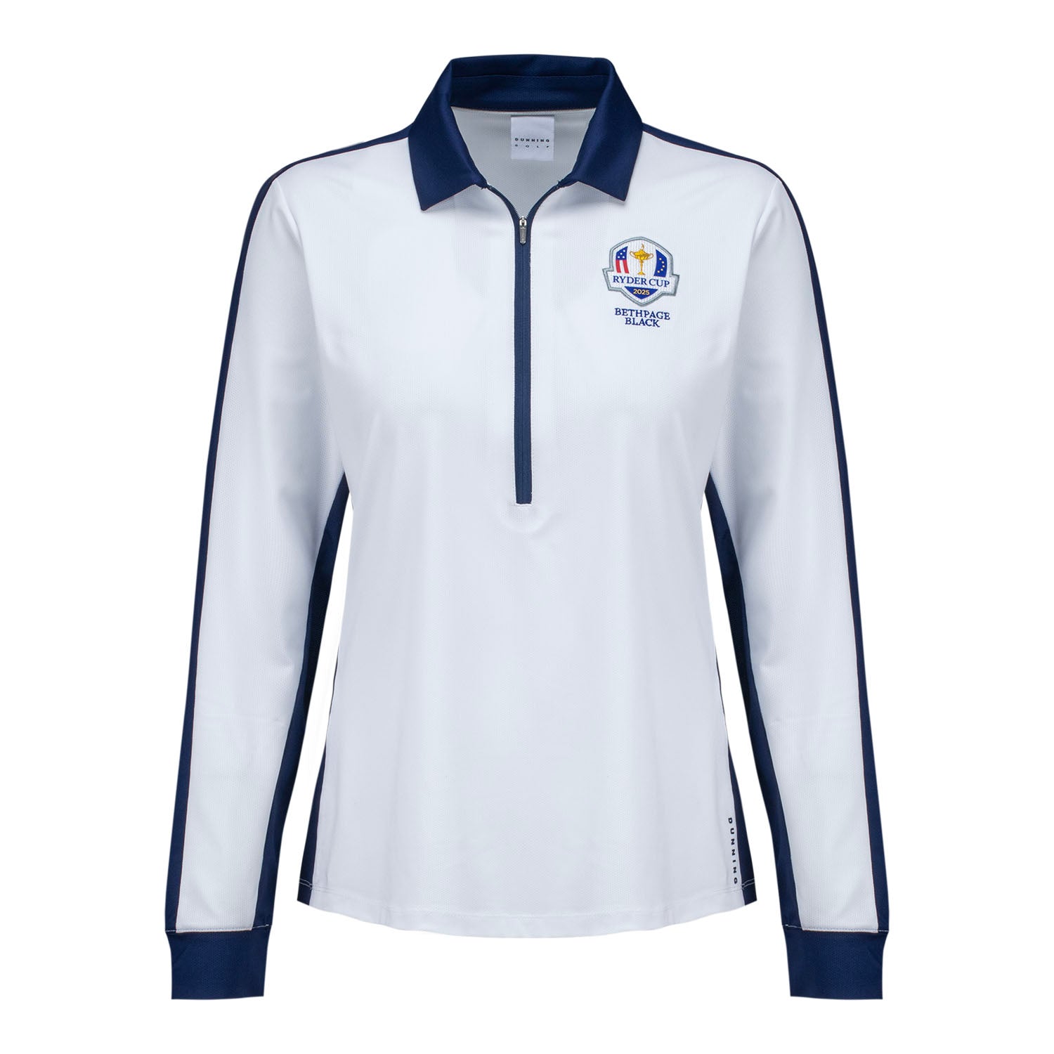 Dunning 2025 Ryder Cup Ladies Moira Long Sleeve Ventilated Polo in White and Navy - Front View