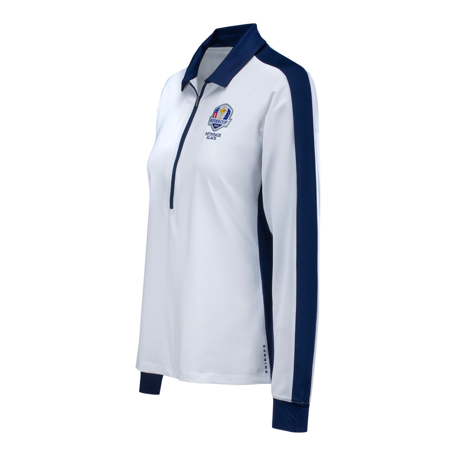 Dunning 2025 Ryder Cup Ladies Moira Long Sleeve Ventilated Polo in White and Navy - Front View