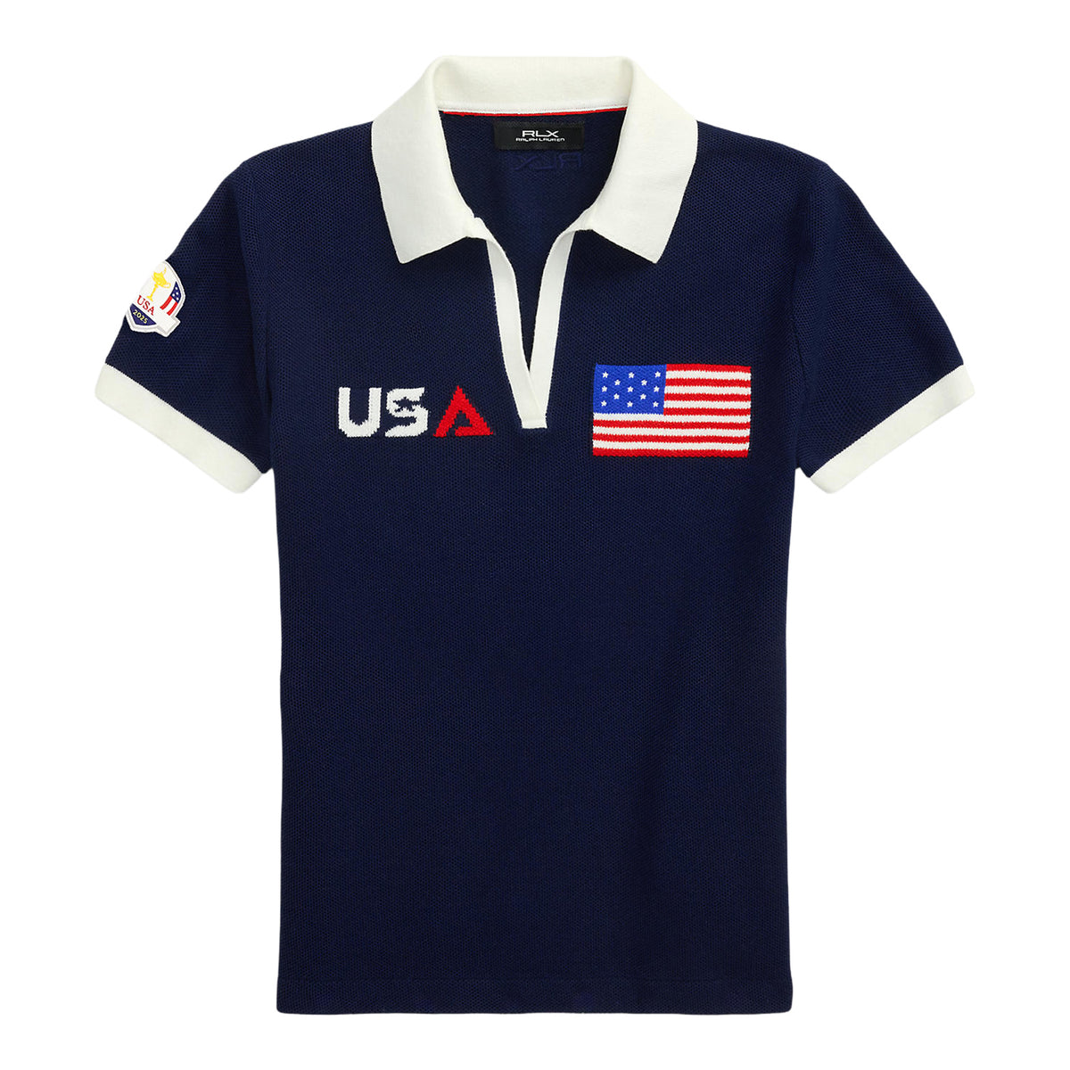 Ralph Lauren 2025 Ryder Cup U.S. Team Uniform Saturday Women&#39;s Knit Polo Shirt in Refined Navy - Front View