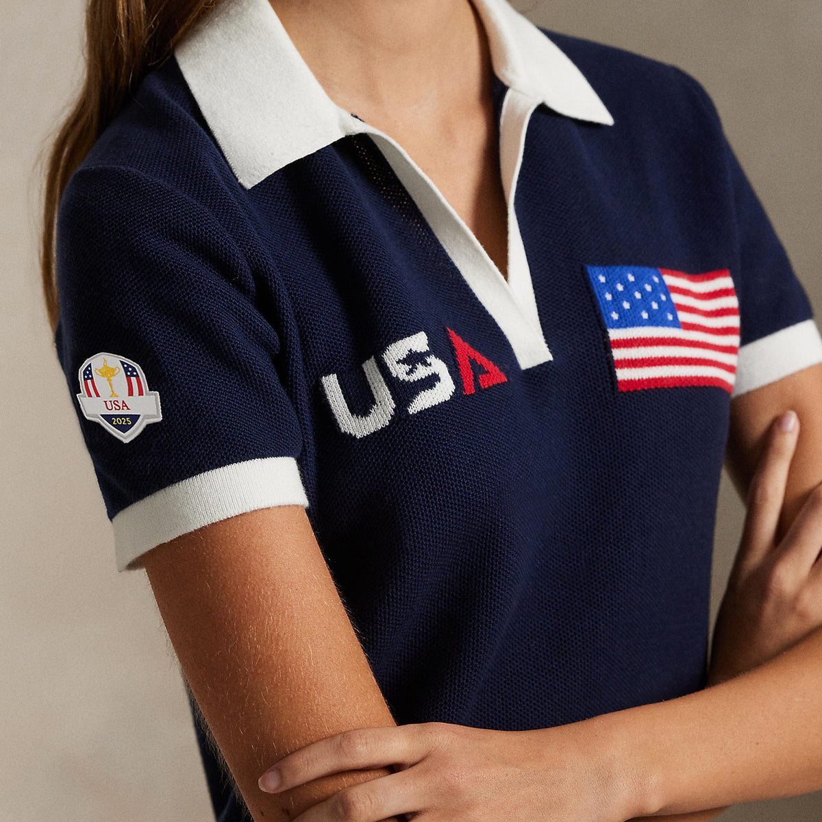 Ralph Lauren 2025 Ryder Cup U.S. Team Uniform Saturday Women&#39;s Knit Polo Shirt in Refined Navy - Modeled Close Up