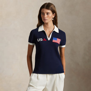 Ralph Lauren 2025 Ryder Cup U.S. Team Uniform Saturday Women's Knit Polo Shirt in Refined Navy - Modeled Front View