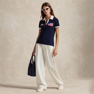 Ralph Lauren 2025 Ryder Cup U.S. Team Uniform Saturday Women's Knit Polo Shirt in Refined Navy - Modeled Full Body