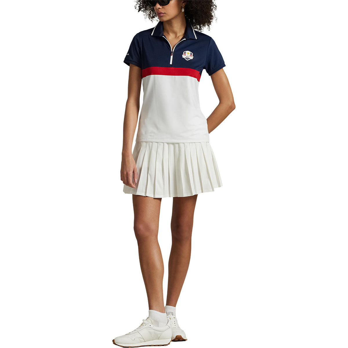 Ralph Lauren 2025 Ryder Cup Women&#39;s Quarter Zip Polo Shirt in Refined Navy and Ceramic White - Modeled Full Body