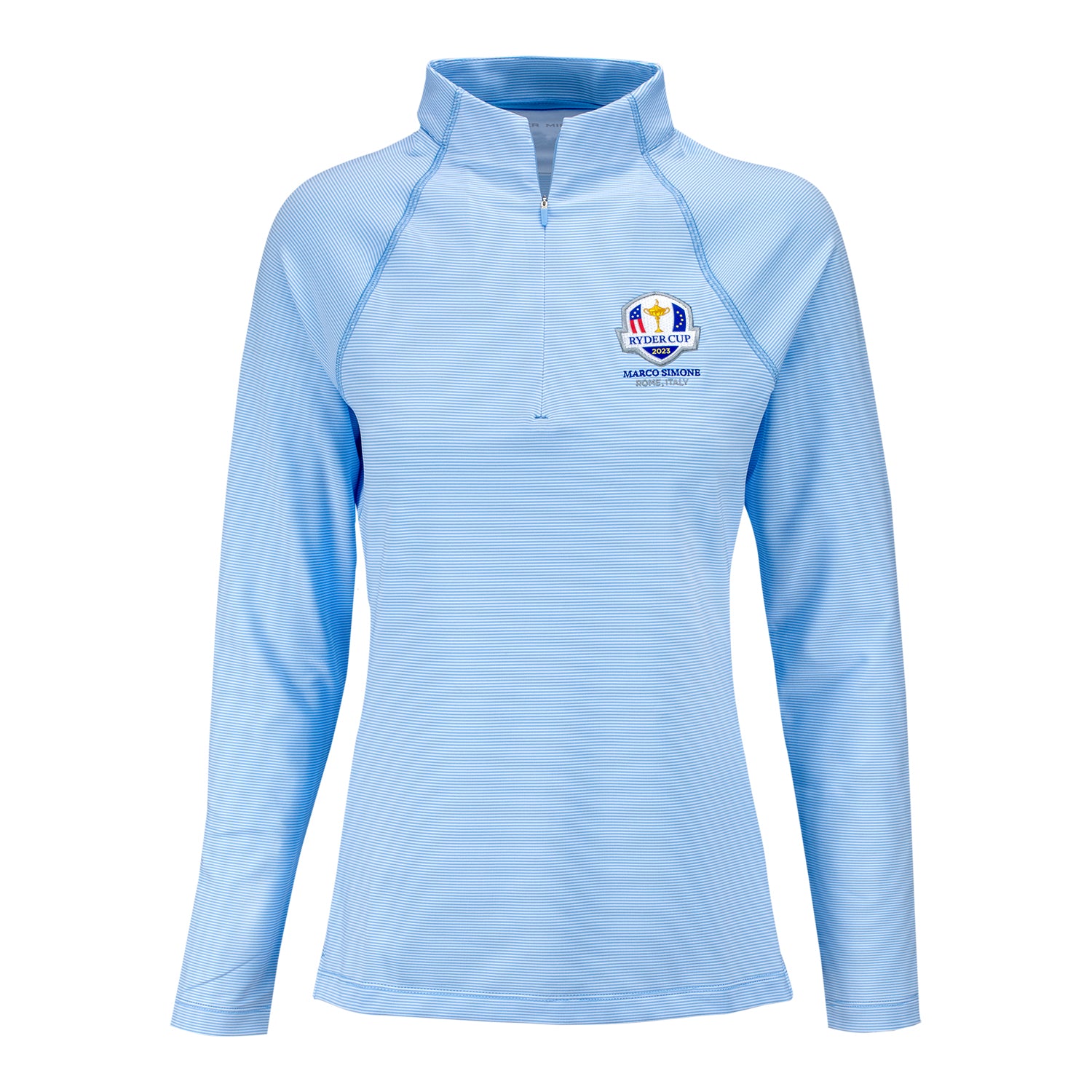 Peter Millar 2023 Ryder Cup Women's Sugar Stripe Raglan Perth Golf Quarter Zip in Cottage Blue - Front View