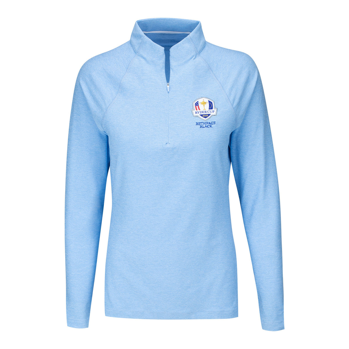 Peter Millar 2025 Ryder Cup Women&#39;s Melange Perth Raglan Sleeve Quarter Zip in Cottage Blue - Front View