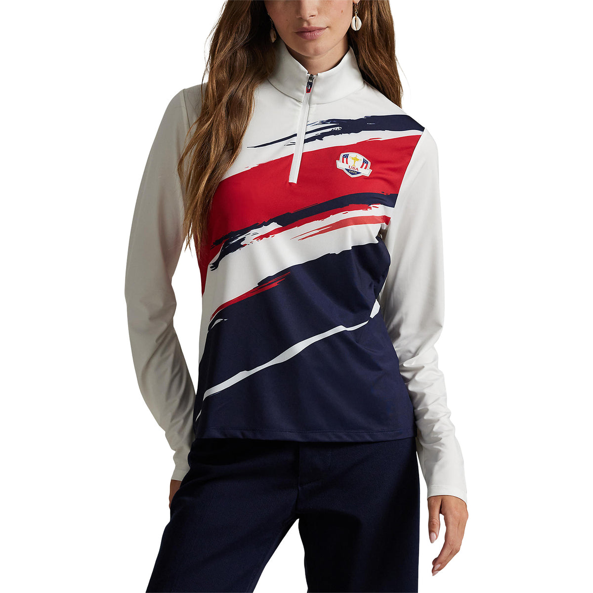 Ralph Lauren 2025 Ryder Cup Women&#39;s Jersey Quarter Zip in Tour Brush Ceramic - Modeled Front View
