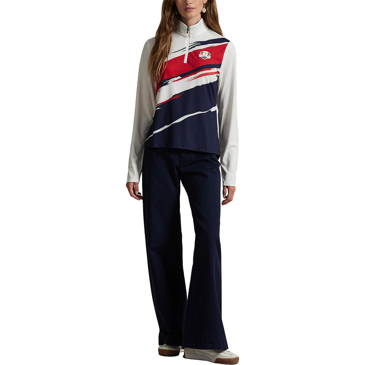 Ralph Lauren 2025 Ryder Cup Women&#39;s Jersey Quarter Zip in Tour Brush Ceramic - Modeled Full Body