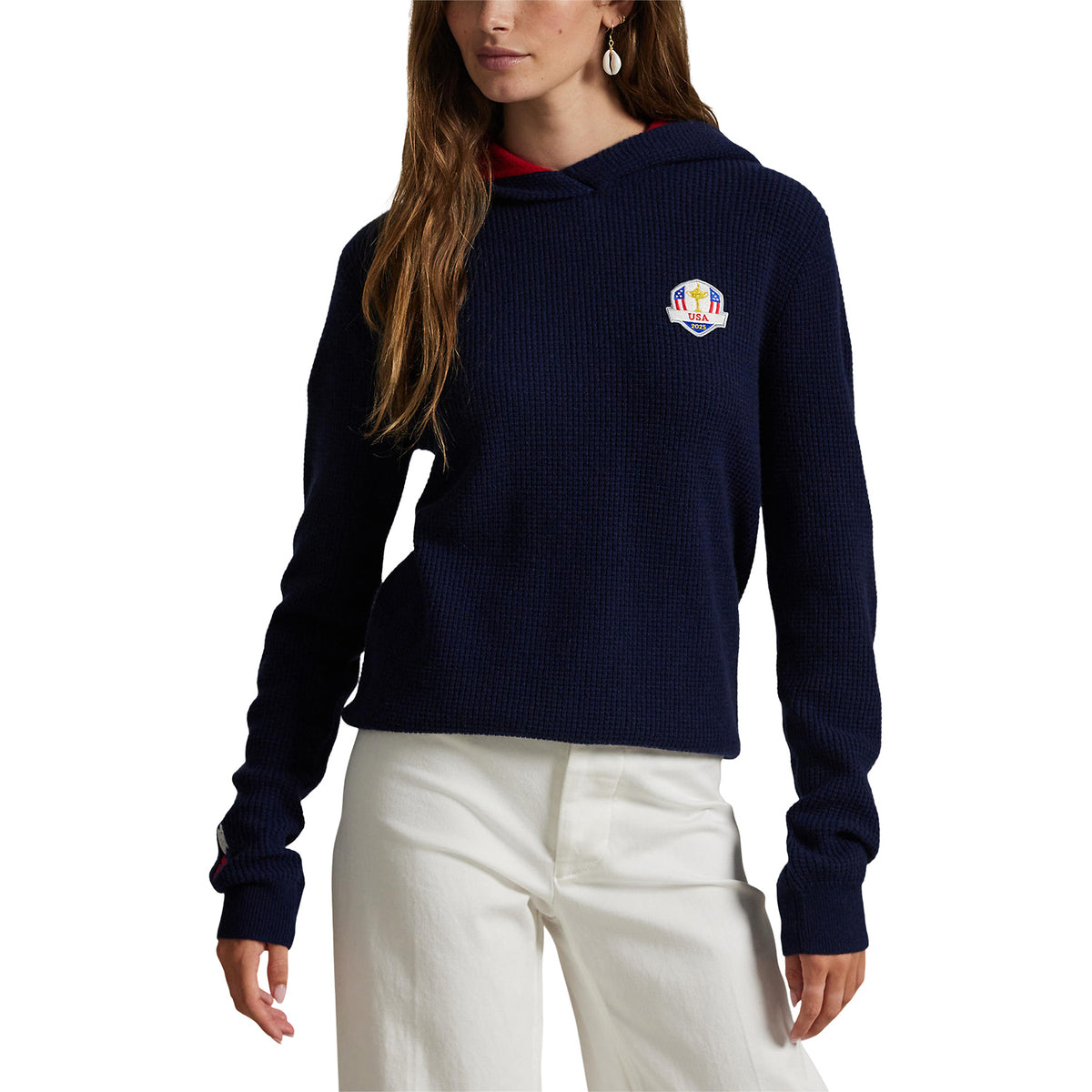 Ralph Lauren 2025 Ryder Cup Women&#39;s Wool Cotton Hoodie in Refined Navy - Modeled Front View