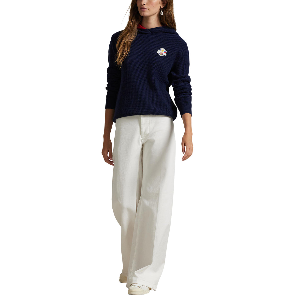 Ralph Lauren 2025 Ryder Cup Women&#39;s Wool Cotton Hoodie in Refined Navy - Modeled Full Body