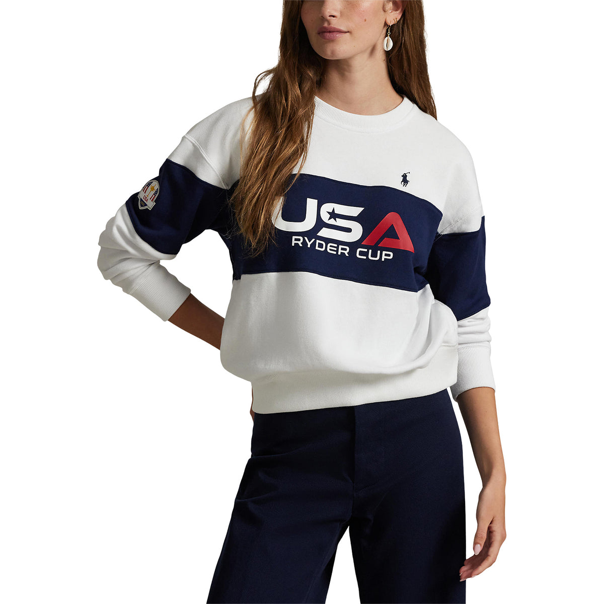 Ralph Lauren 2025 Ryder Cup Women&#39;s French Terry Crewneck in Ceramic White - Modeled Front View