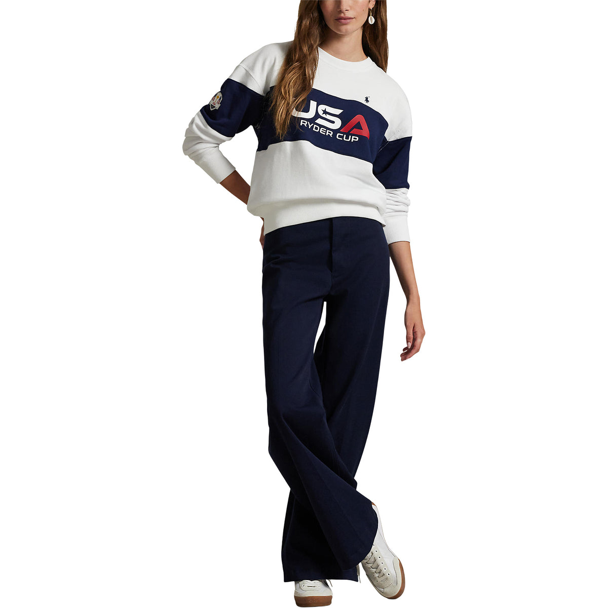Ralph Lauren 2025 Ryder Cup Women&#39;s French Terry Crewneck in Ceramic White - Modeled Full Body