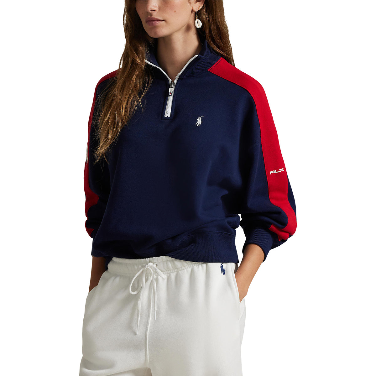 Ralph Lauren 2025 Ryder Cup Women&#39;s French Terry Quarter Zip in Refined Navy - Modeled Front View