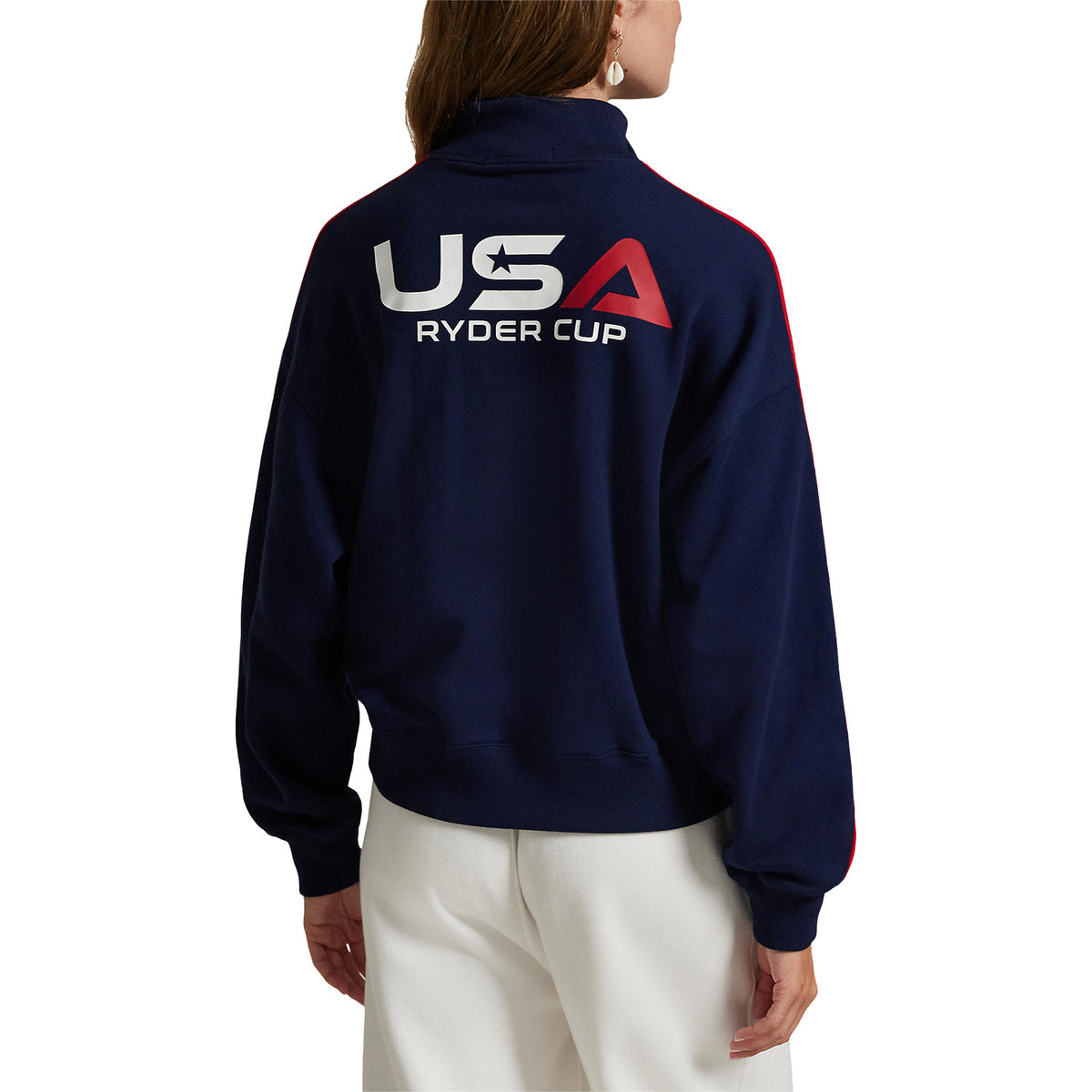Ralph Lauren 2025 Ryder Cup Women&#39;s French Terry Quarter Zip in Refined Navy - Modeled Back View