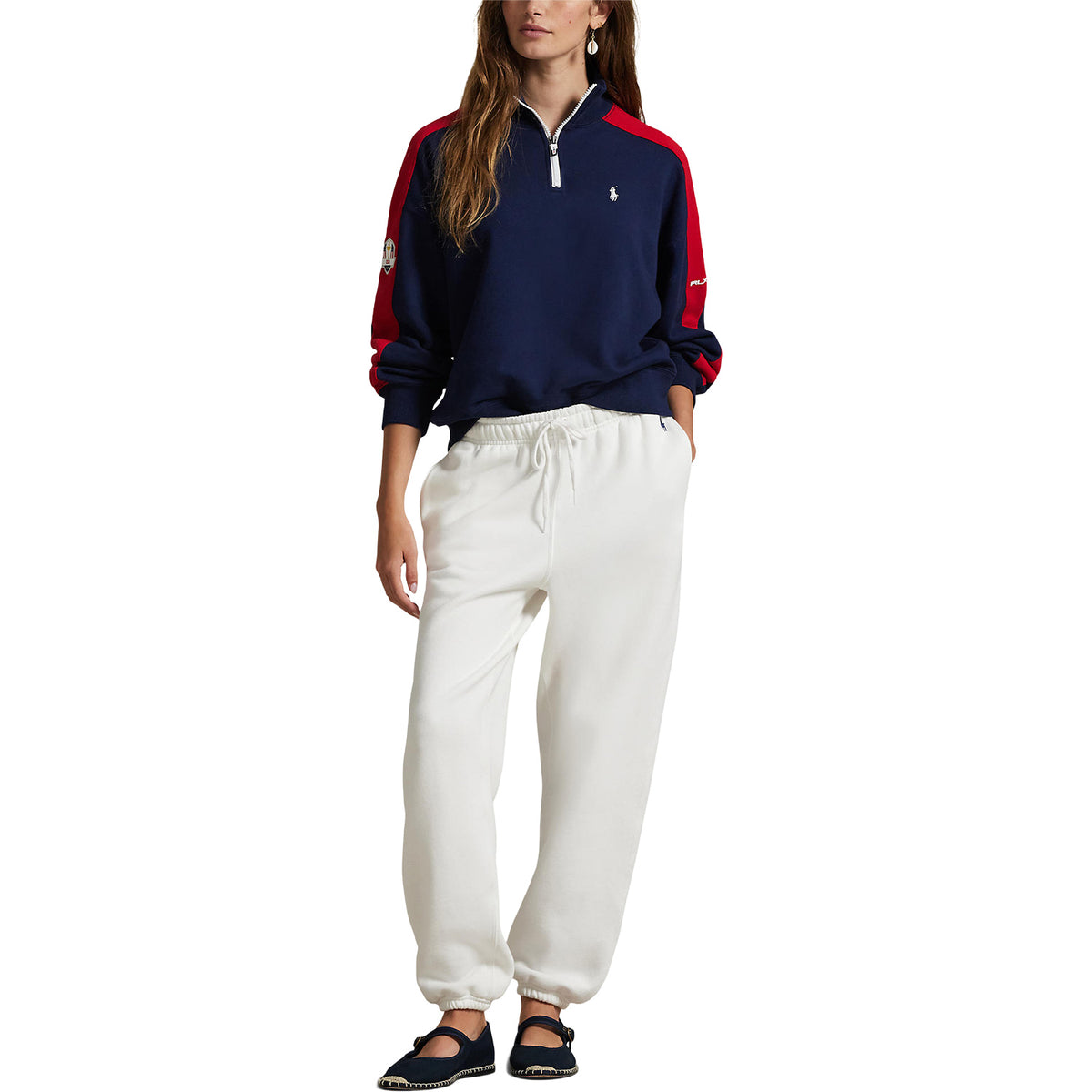 Ralph Lauren 2025 Ryder Cup Women&#39;s French Terry Quarter Zip in Refined Navy - Modeled Full Body