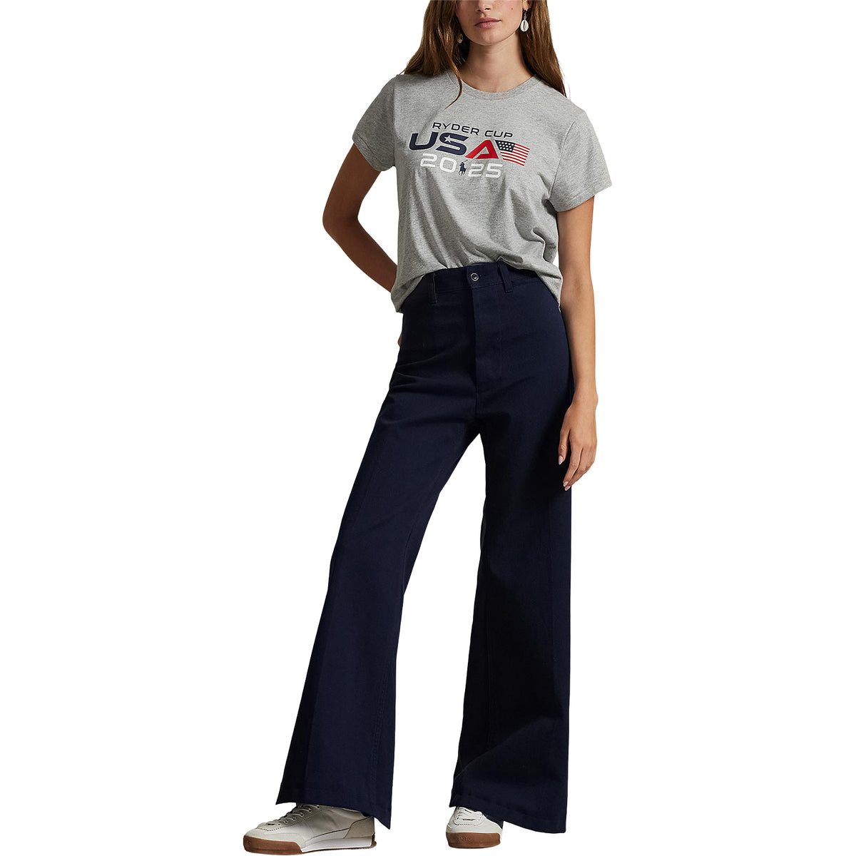 Ralph Lauren 2025 Ryder Cup Women&#39;s Cotton Jersey T-Shirt in Andover Grey - Modeled Full Body