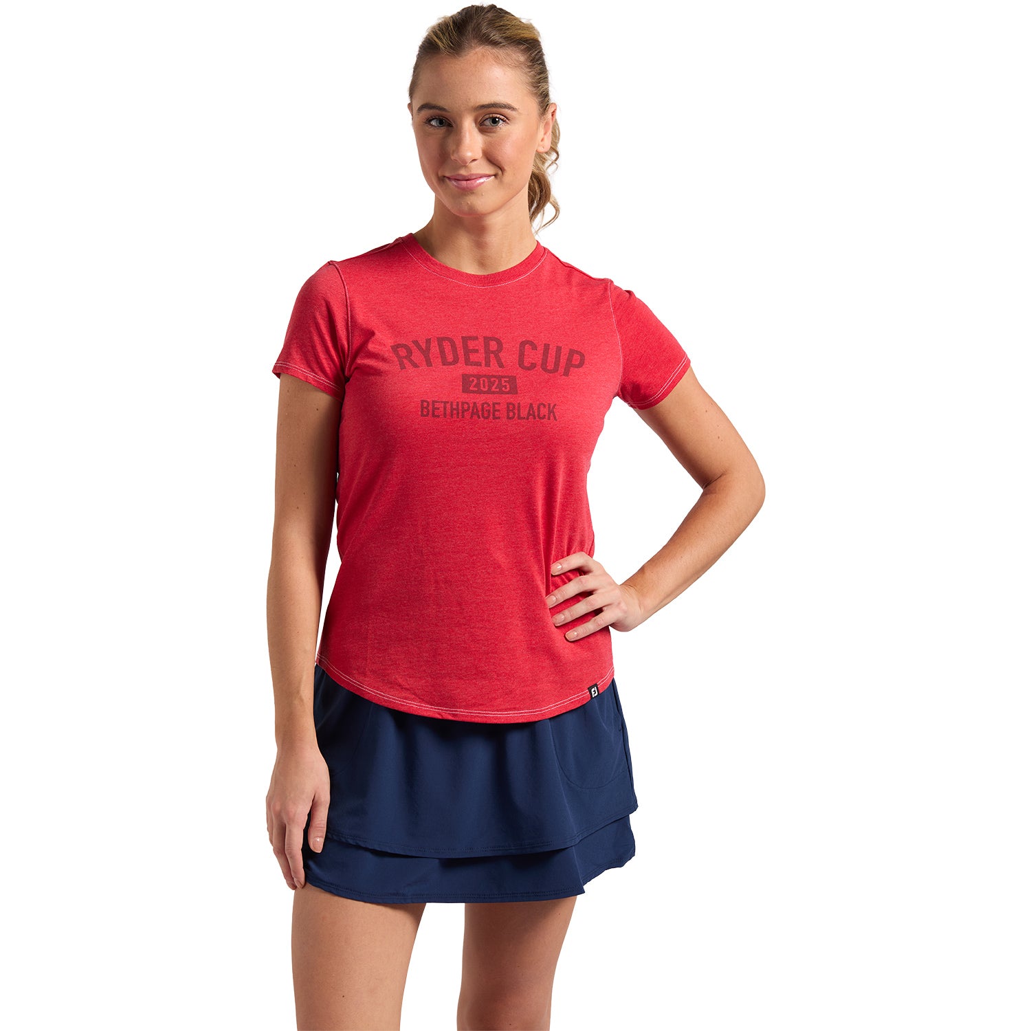 FootJoy 2025 Ryder Cup Women's Text T-Shirt in Red - Modeled Front View