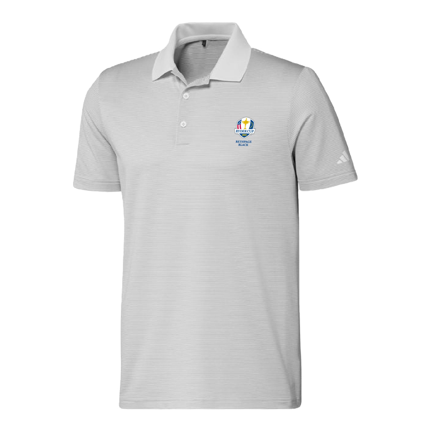 Adidas 2025 Ryder Cup Ottoman Stripe Polo in White and Grey - Front View