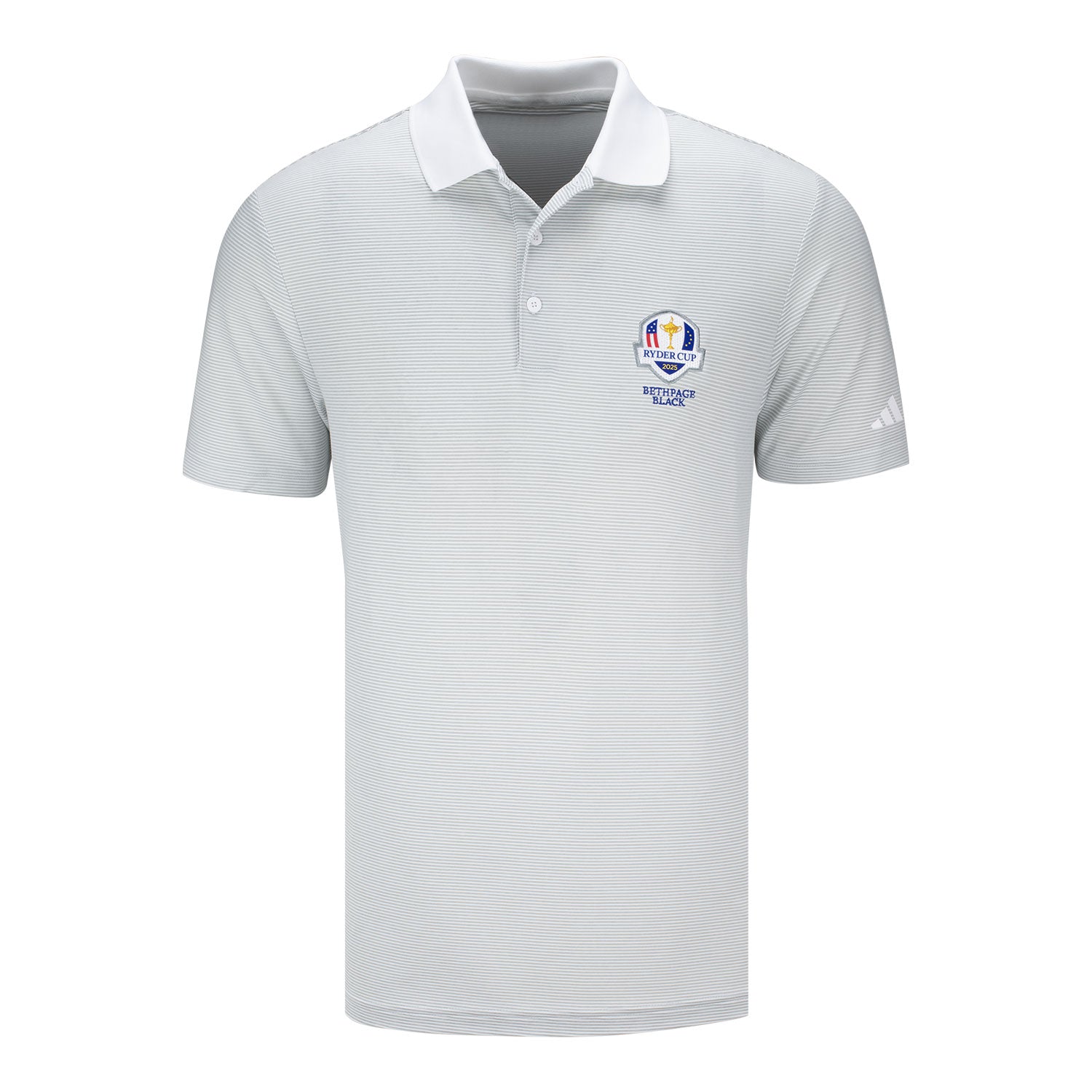 Adidas 2025 Ryder Cup Ottoman Stripe Polo in White and Grey - Front View