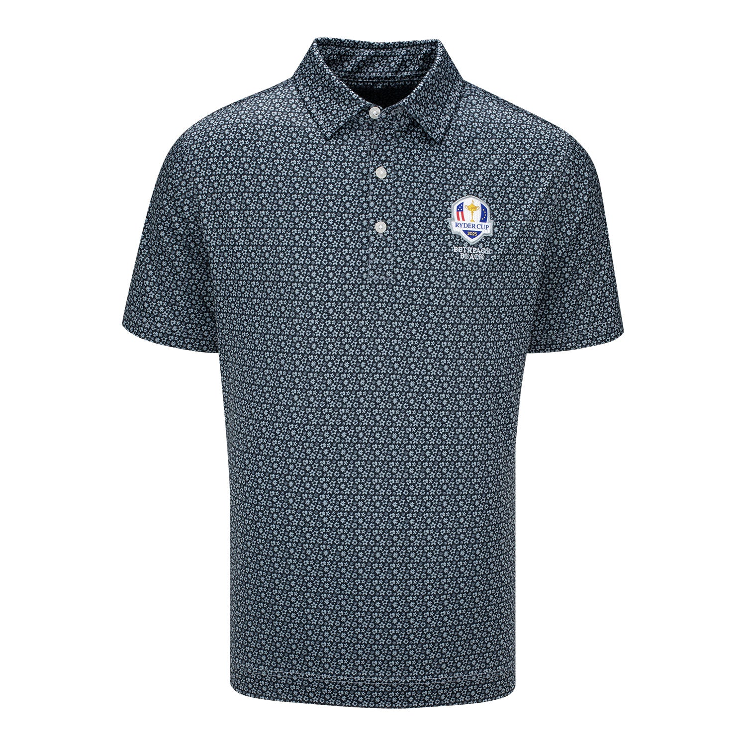 FootJoy 2025 Ryder Cup Micro Floral Print Polo in Black and White - Front View