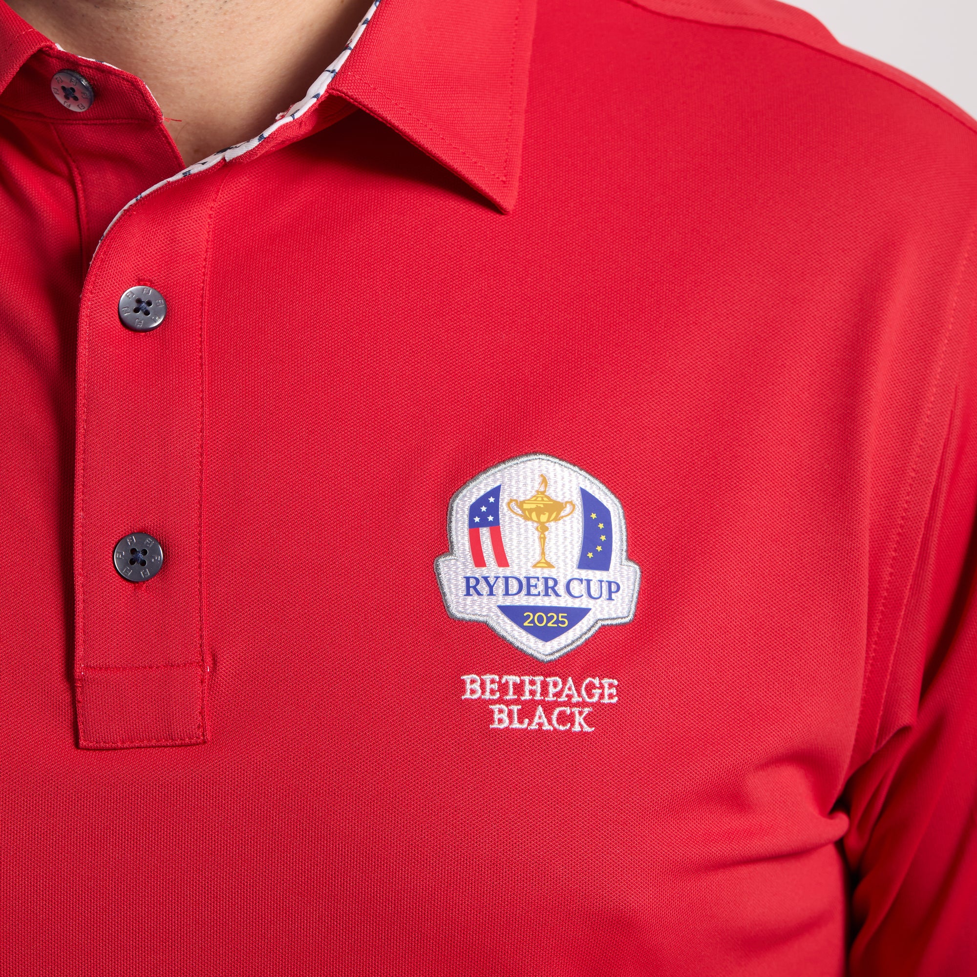 FootJoy 2025 Ryder Cup Solid Polo with Trophy Collar in Red - Modeled Front View