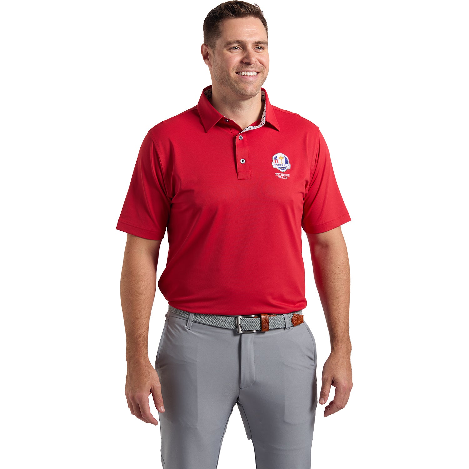 FootJoy 2025 Ryder Cup Solid Polo with Trophy Collar in Red - Modeled Front View