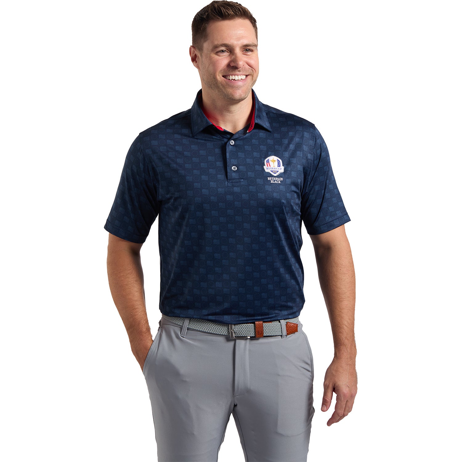 FootJoy 2025 Ryder Cup Tournament Print Polo in Navy - Modeled Front View