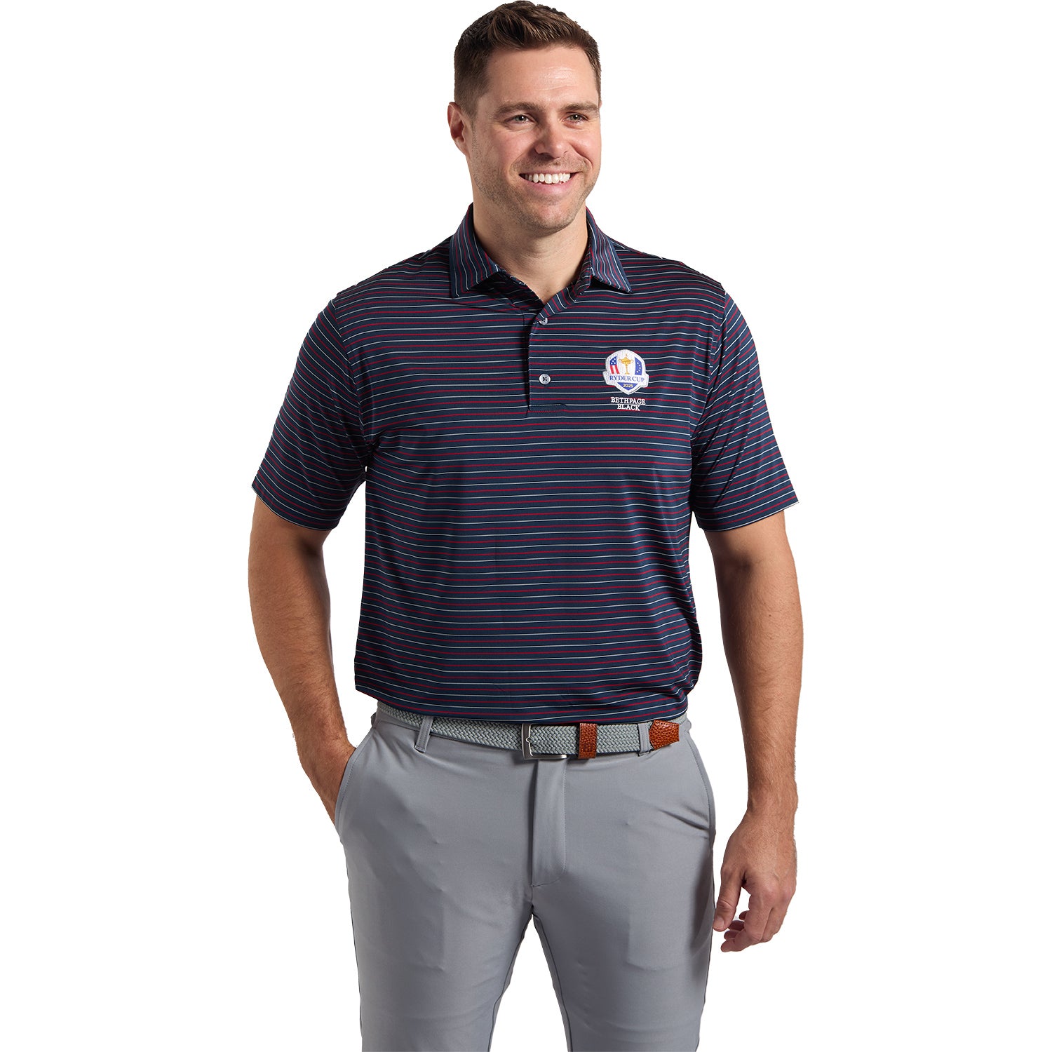 FootJoy 2025 Ryder Cup Heather Stripe Polo in Navy and White - Front View