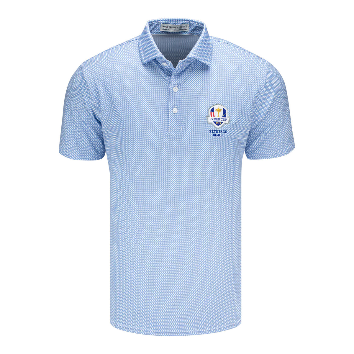 Holderness &amp; Bourne 2025 Ryder Cup Hawthorne Pattern Polo in Light Blue - Front View