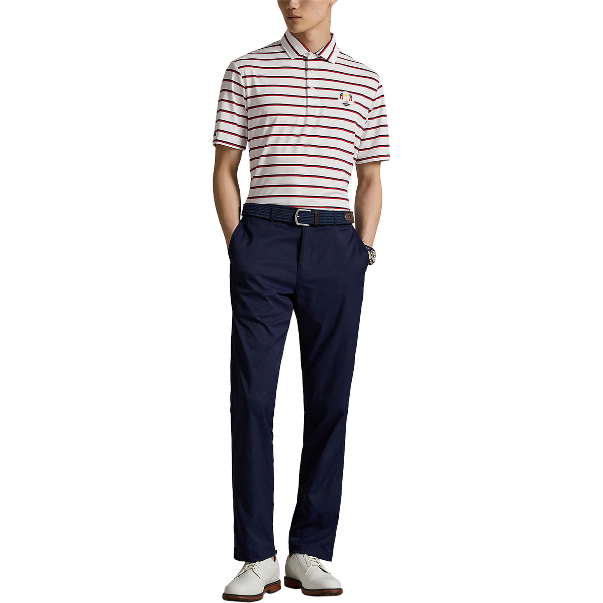 Ralph Lauren 2025 Ryder Cup Team U.S. Performance Multistripe Polo Shirt in Ceramic White Multi - Modeled Full Body