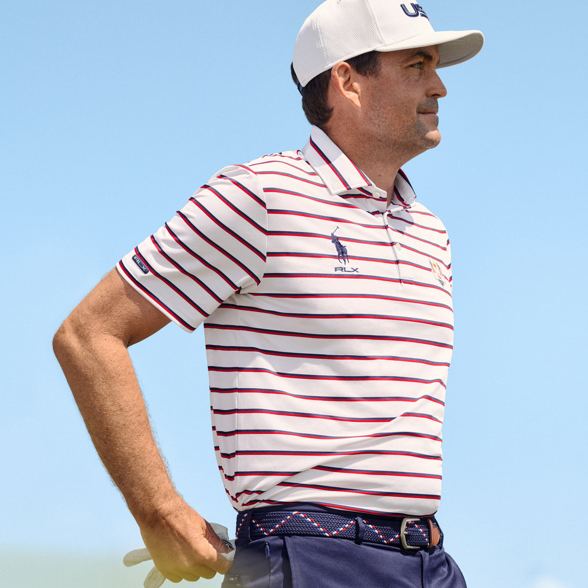 Ralph Lauren 2025 Ryder Cup U.S. Team Performance Multistripe Polo Shirt in Ceramic White Multi - Modeled By Keegan Bradley
