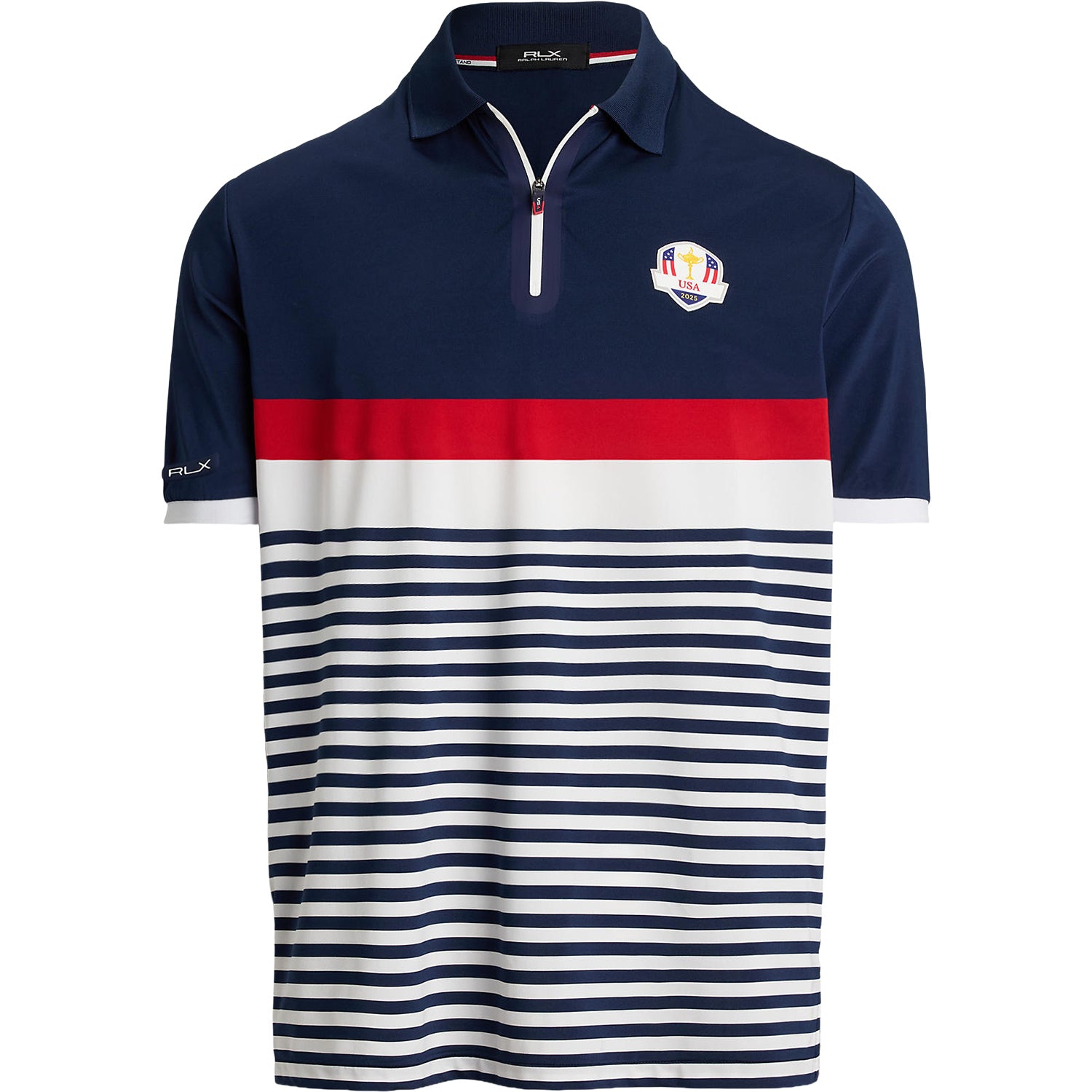 Ralph Lauren 2025 Ryder Cup Team U.S. Performance Block Stripe Polo Shirt in Refined Navy Multi - Front View