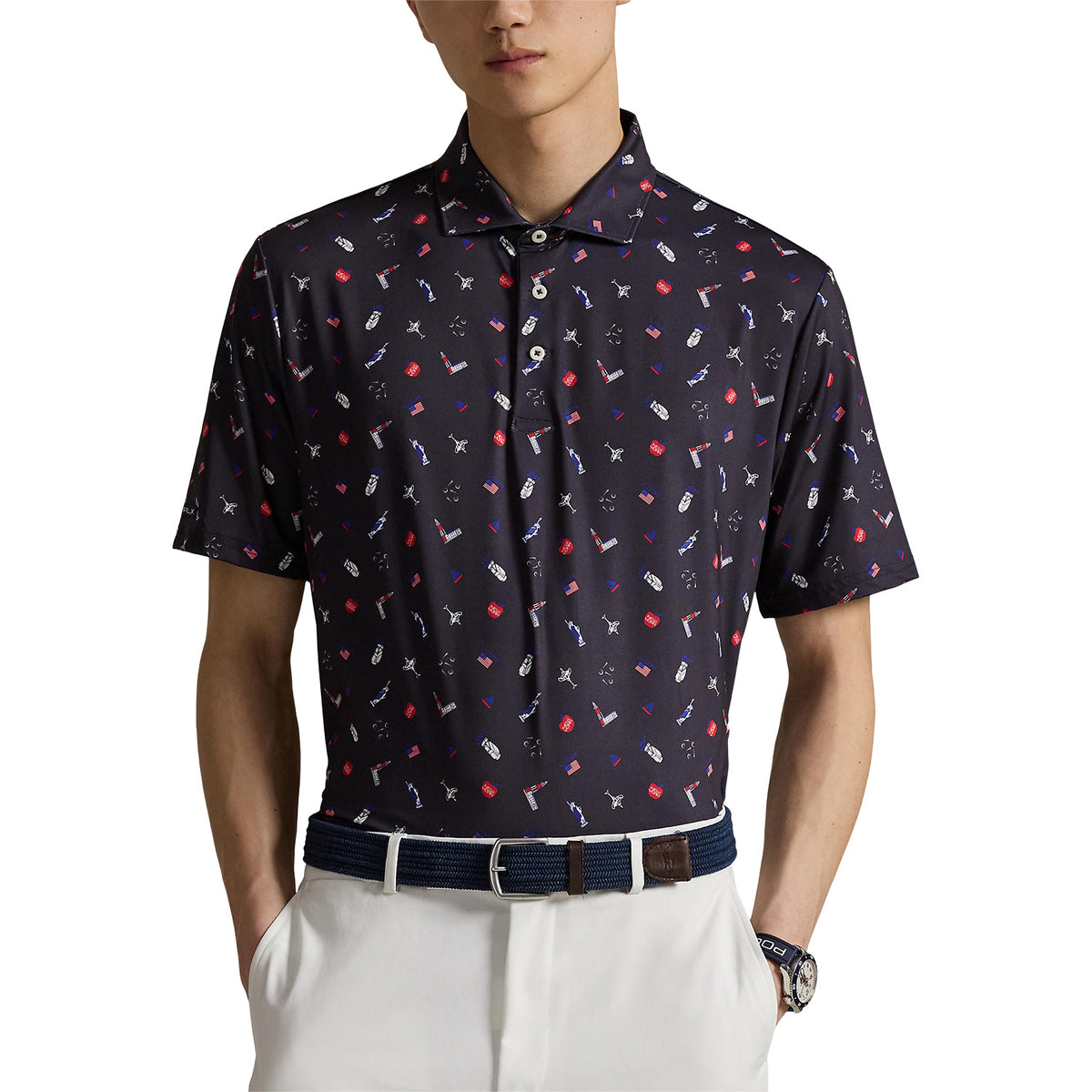 Ralph Lauren 2025 Ryder Cup Performance Scatter Polo Shirt in Refined Navy Multi - Modeled Front View