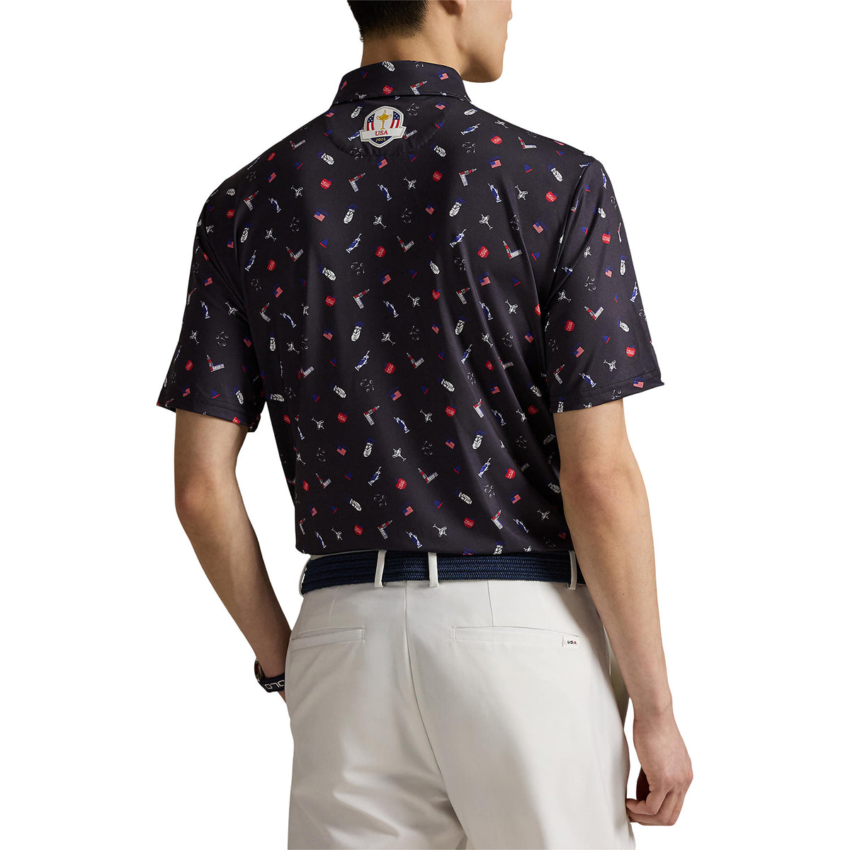 Ralph Lauren 2025 Ryder Cup Performance Scatter Polo Shirt in Refined Navy Multi - Modeled Back View
