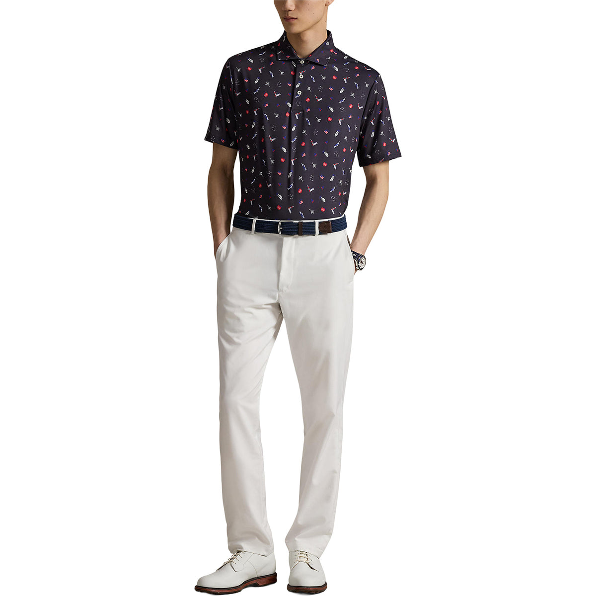 Ralph Lauren 2025 Ryder Cup Performance Scatter Polo Shirt in Refined Navy Multi - Modeled Full Body