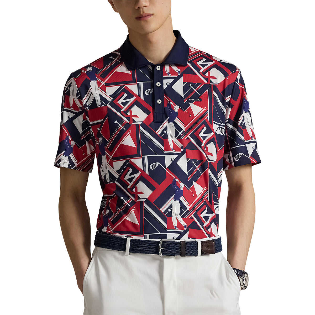 Ralph Lauren 2025 Ryder Cup Performance Fan Polo Shirt in Refined Navy Multi - Modeled Front View