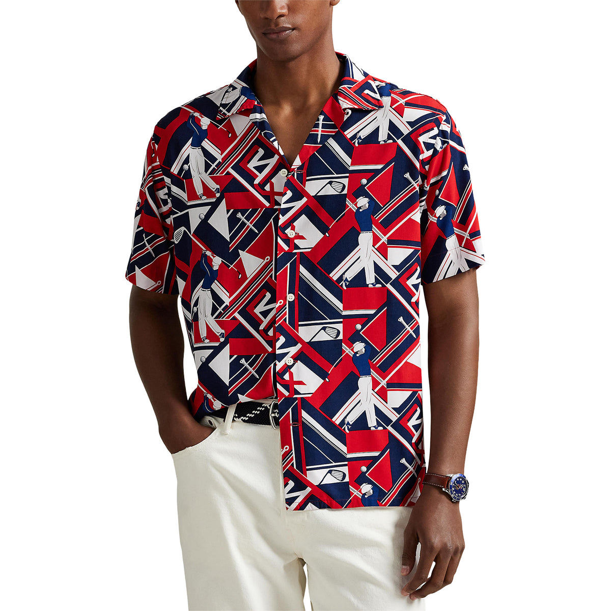 Ralph Lauren 2025 Ryder Cup Golfer-Print Camp Shirt - Modeled Front View