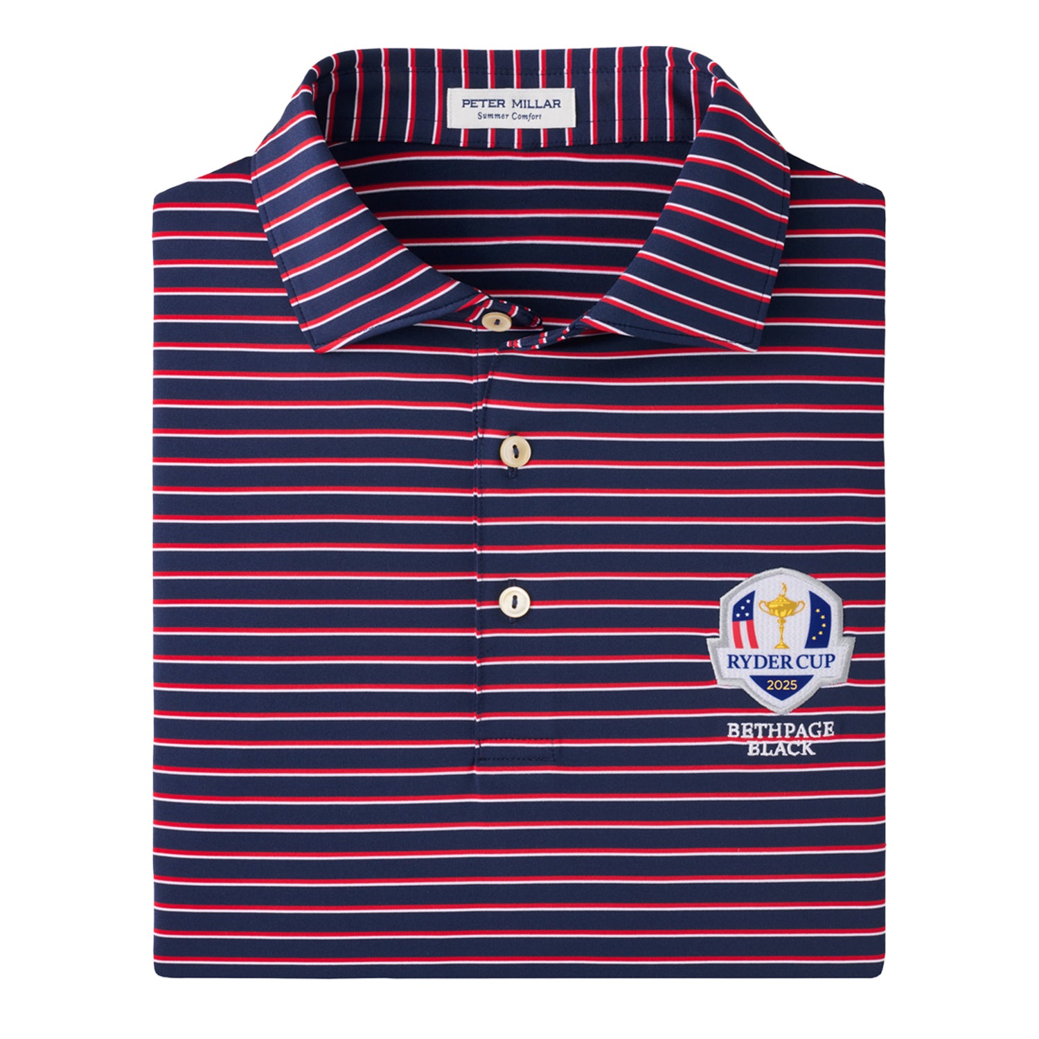 Peter Millar 2025 Ryder Cup Dunnes Wide Stripe Polo in Navy, Red, and White - Front View