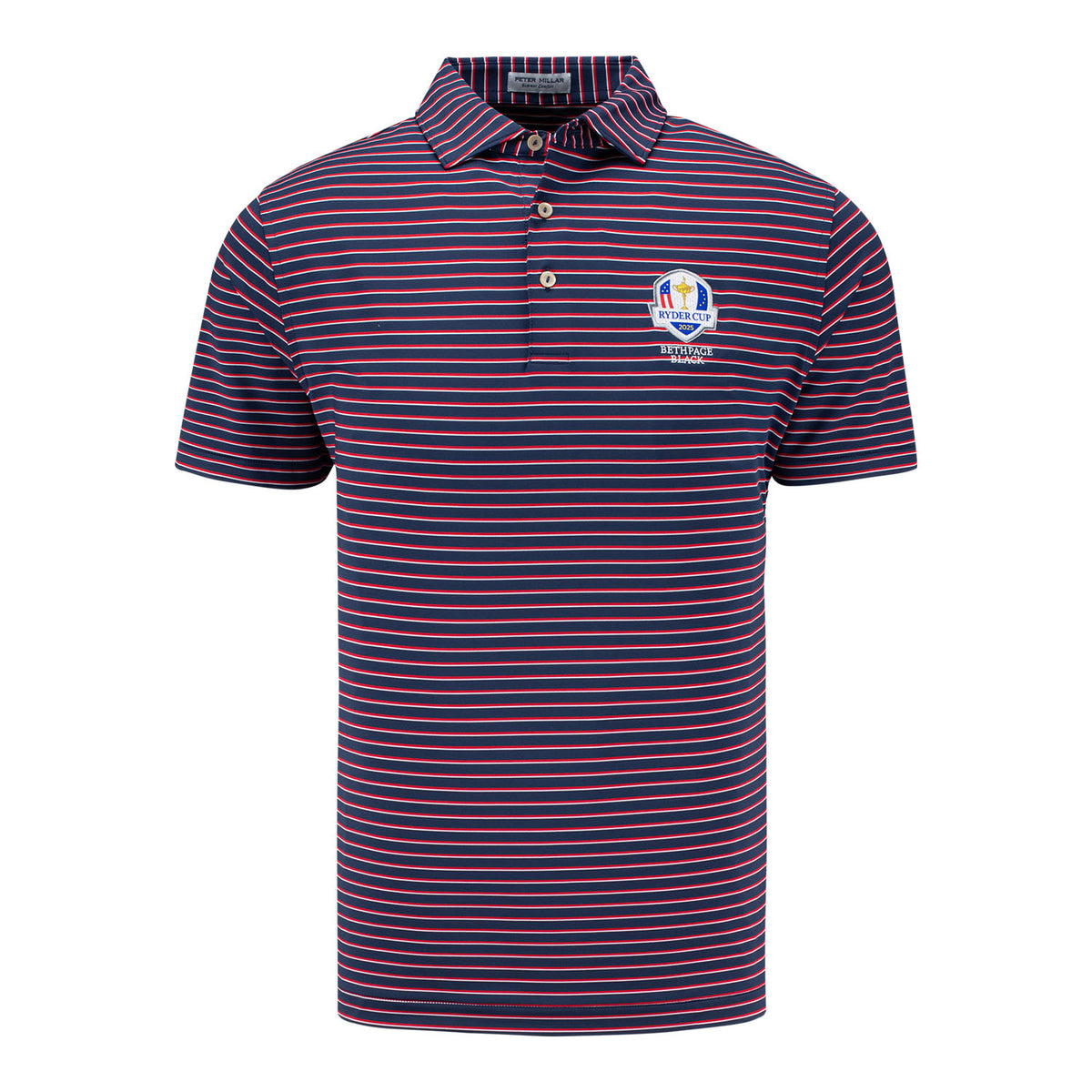 Peter Millar 2025 Ryder Cup Dunnes Wide Stripe Polo in Navy, Red, and White - Front View