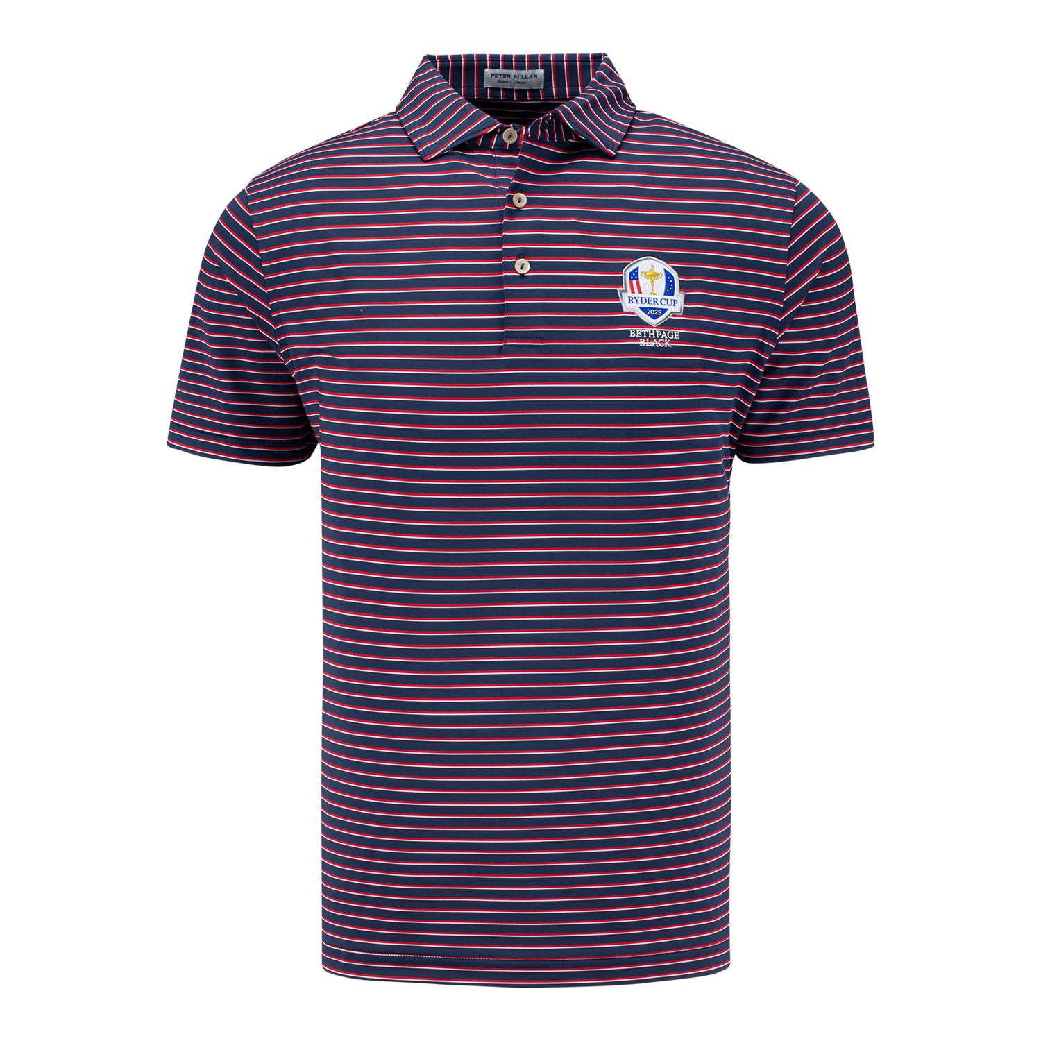 Peter Millar 2025 Ryder Cup Dunnes Wide Stripe Polo in Navy, Red, and White - Front View