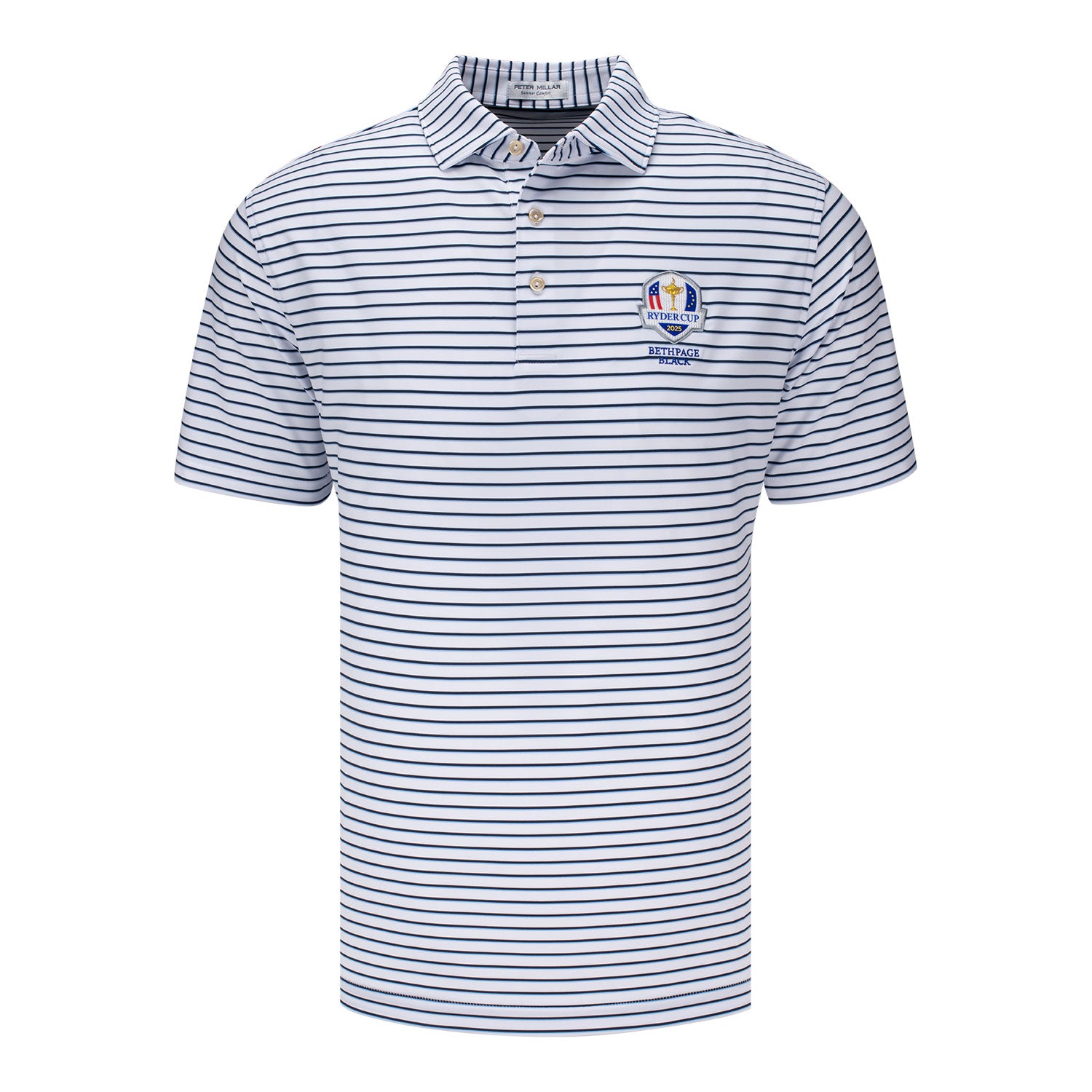 Peter Millar 2025 Ryder Cup Dunnes Wide Stripe Polo in White, Navy, and Cottage Blue - Front View