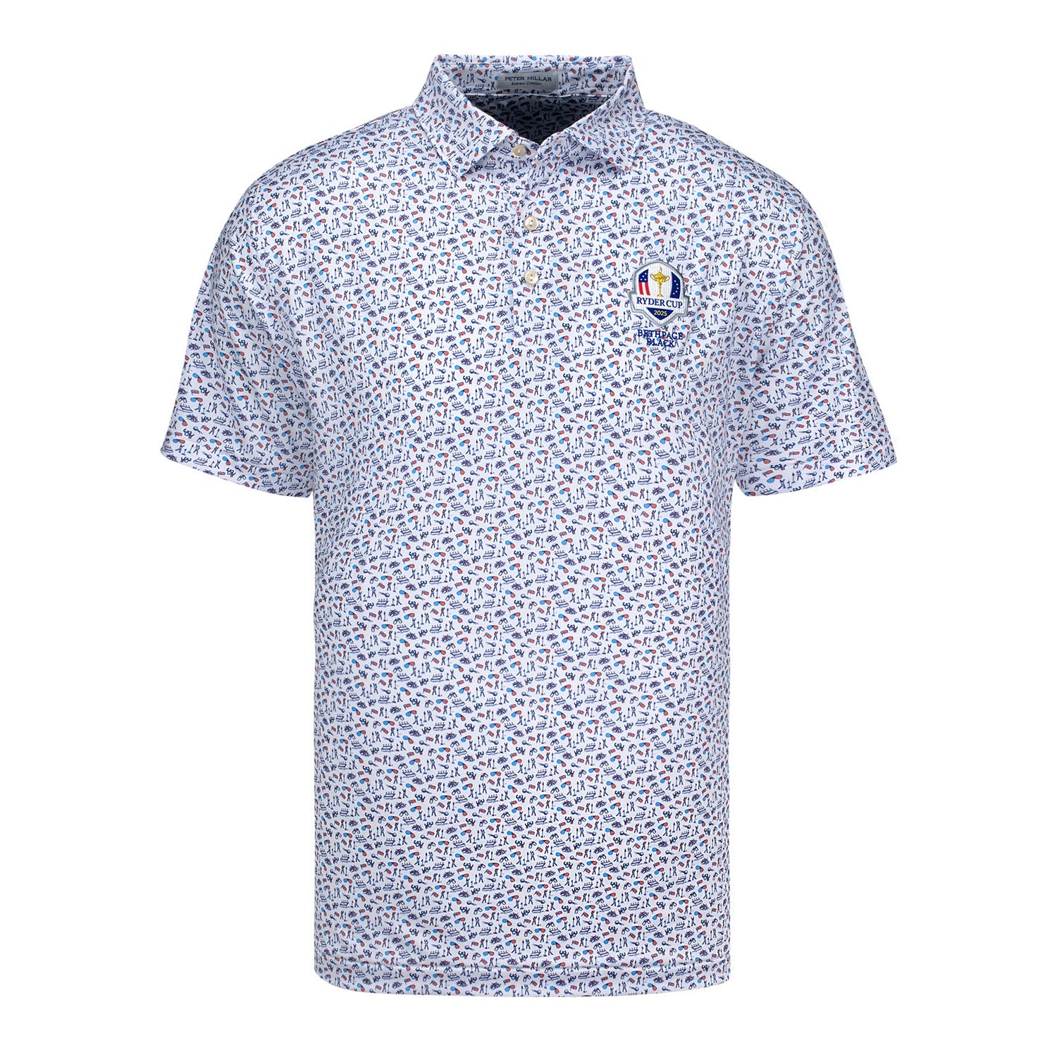 Peter Millar 2025 Ryder Cup Fan Print Polo in White, Red, Navy, and Beta Blue - Front View