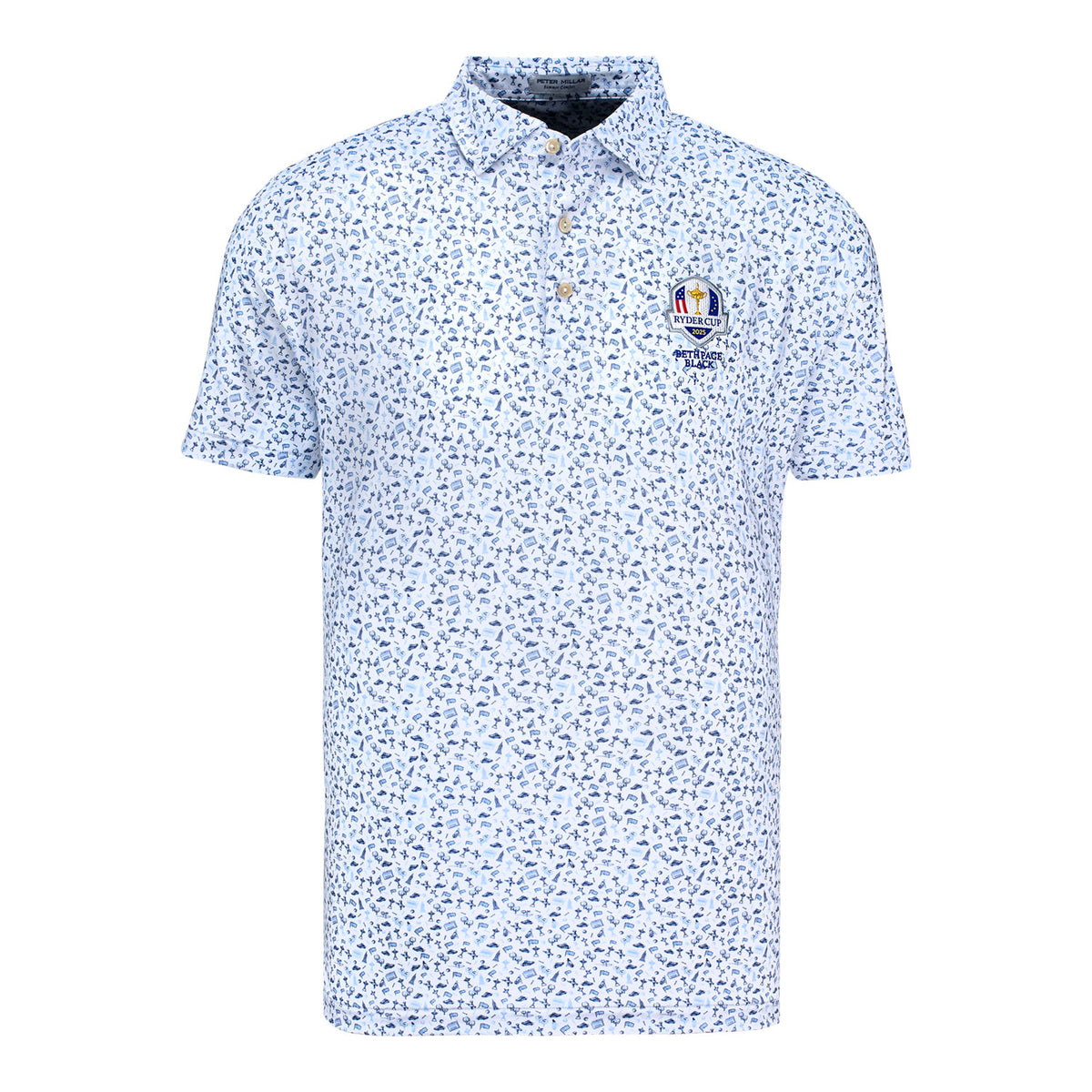 Peter Millar 2025 Ryder Cup New York City Print Polo in White, Cottage Blue, and Navy - Front View