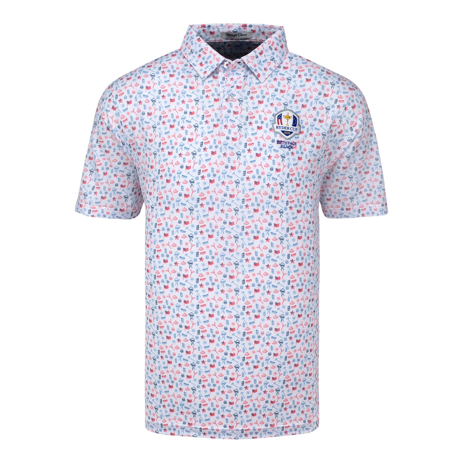 Straight Down 2025 Ryder Cup Grillin' Pattern Polo in White - Front View