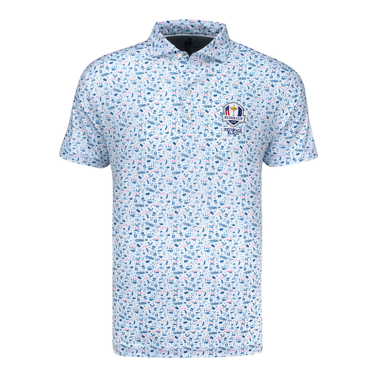 Johnnie-O 2025 Ryder Cup Jo Merica Print Polo in Barracuda Blue and Lobster Red - Front View