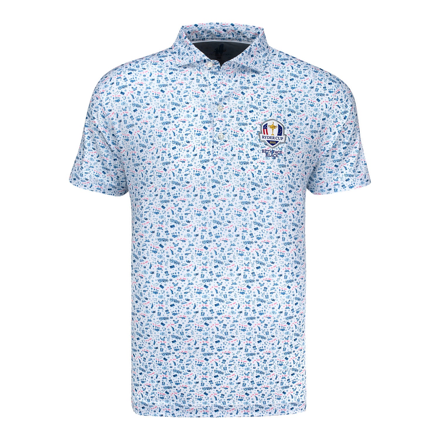 Johnnie-O 2025 Ryder Cup Jo Merica Print Polo in Barracuda Blue and Lobster Red - Front View