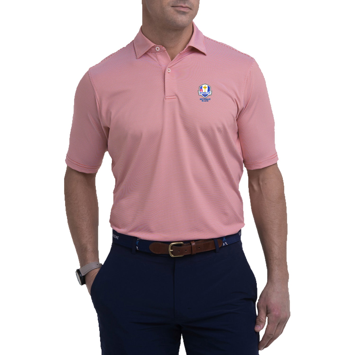 Fairway & Greene 2025 Ryder Cup Mini Stripe Polo in Cardinal - Modeled Front View