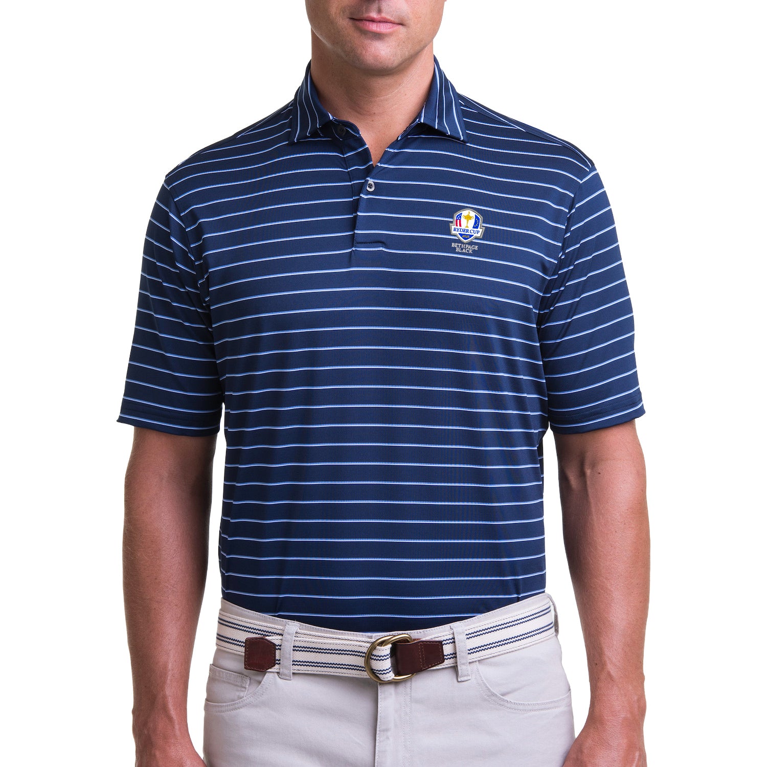 Fairway & Greene 2025 Ryder Cup Faxon Stripe Polo in Marine - Modeled Front View