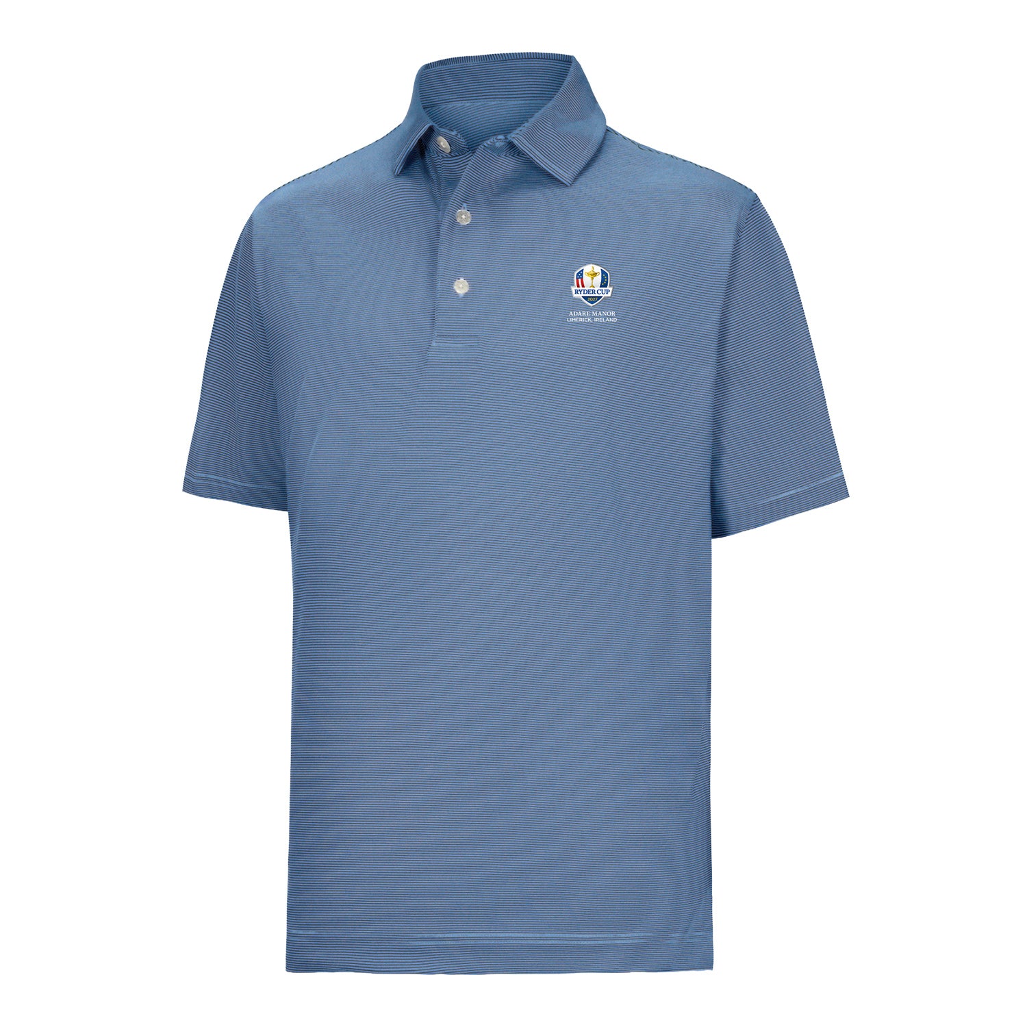 FootJoy 2027 Ryder Cup Microfeeder Stripe Polo in Navy and Light Blue - Front View