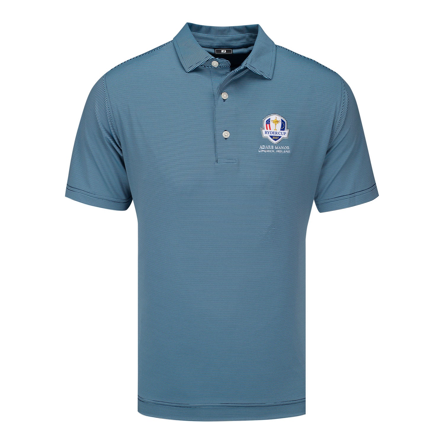 FootJoy 2027 Ryder Cup Microfeeder Stripe Polo in Navy and Light Blue - Front View