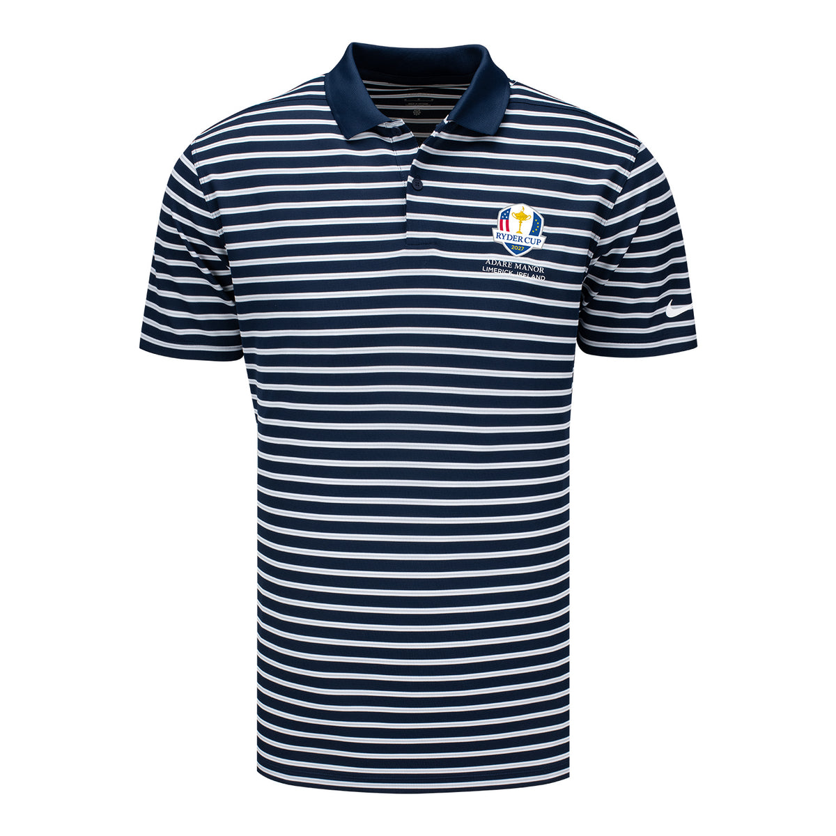 Nike 2027 Ryder Cup Victory Stripe Polo in Obsidian and White - Front View